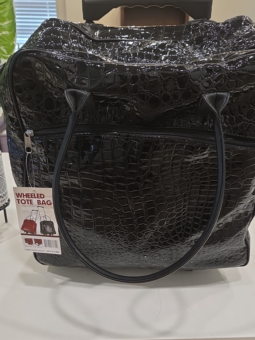 Black Croc-Embossed Wheeled Tote Bag